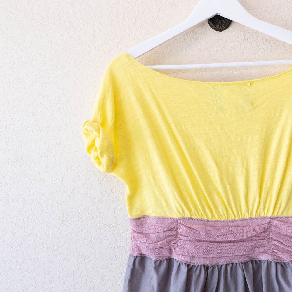 Chelsea & Violet Floral Dress L Yellow Gray Colorblock Boho Short Sleeve - Picture 8 of 12